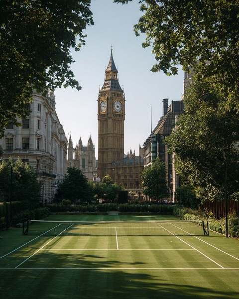 Big Ben with London grass tennis courts